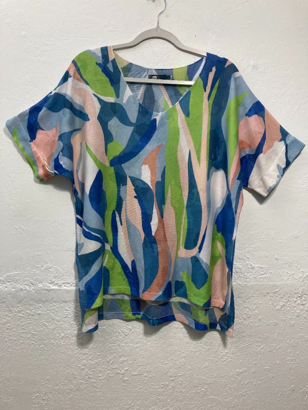 M Made in Italy Knit Top Short Sleeve V-Neck Brushstroke Print European L